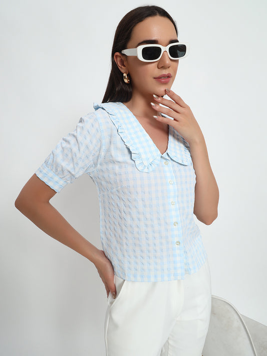 Blue Ghingham Collar Top