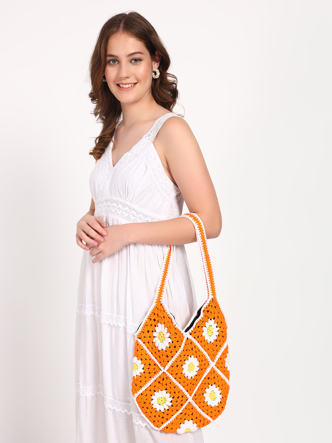 Johanna Handmade Crochet Bag - OrangeWhite