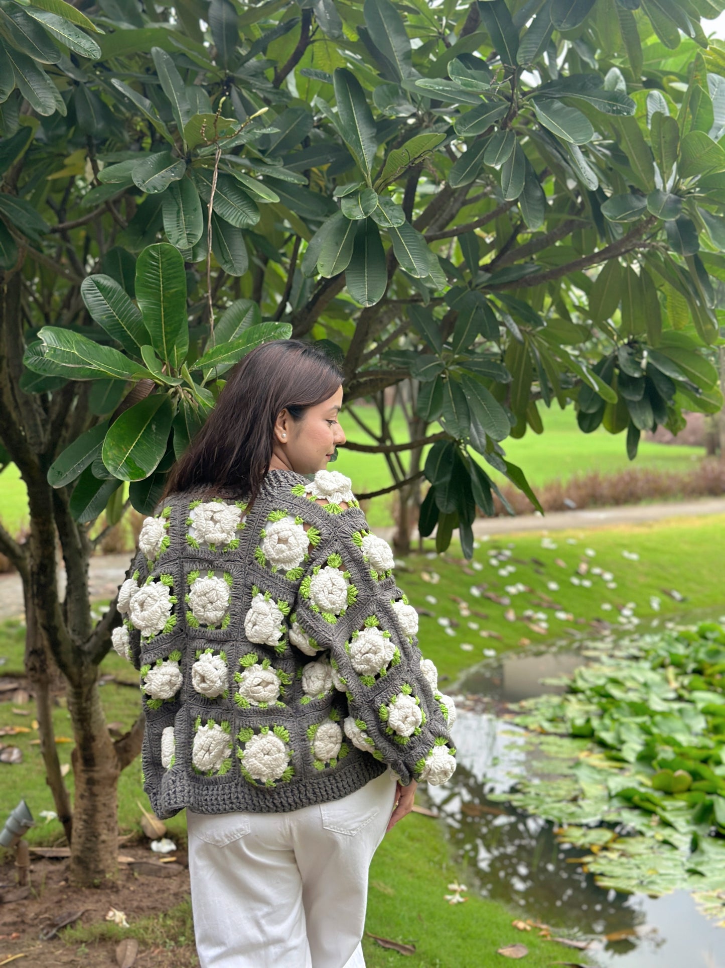 Gray Multirose Handmade Cardigan