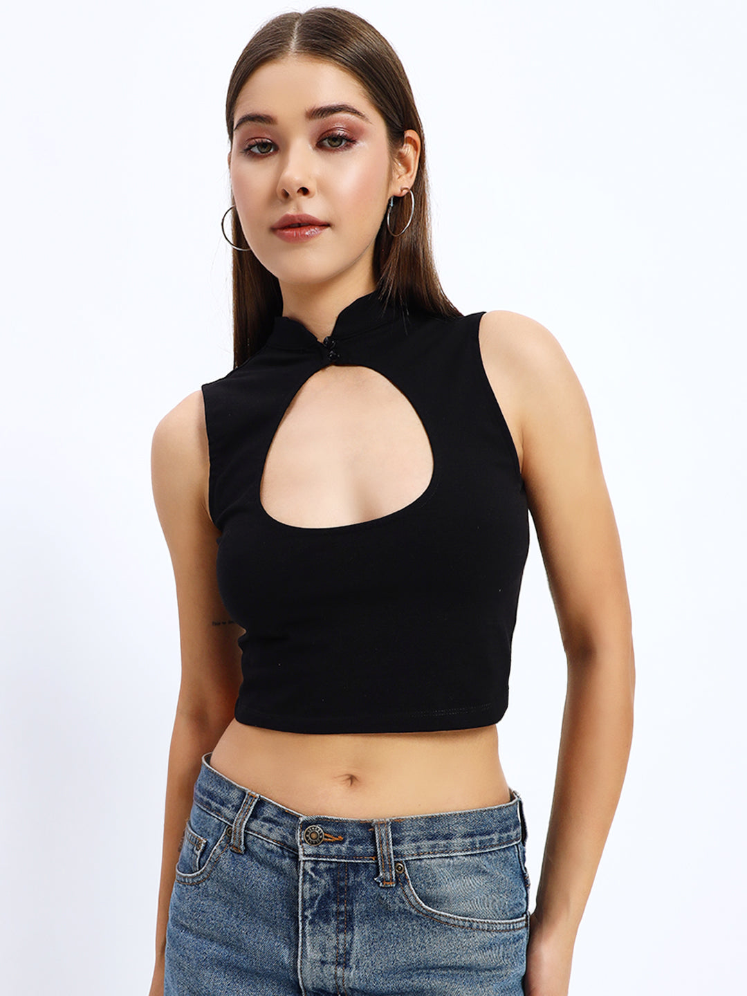 Sleeveless High Neck Cut-out Detail Crop Top