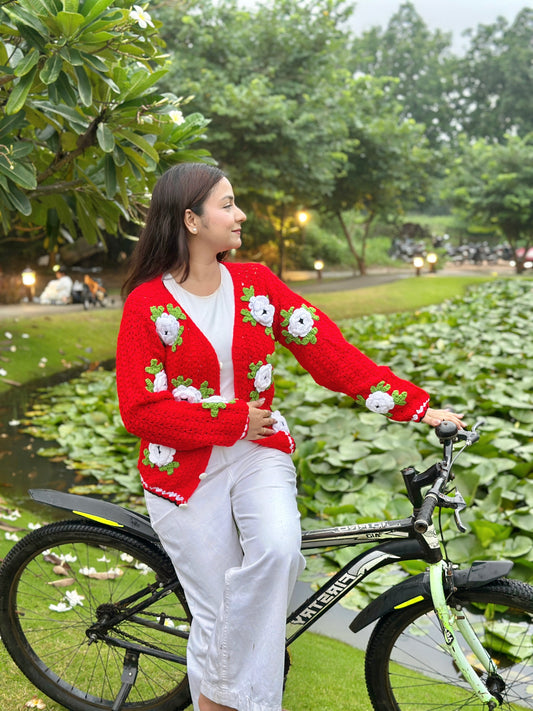 Jane Flower Patch Handmade Cardigan - Red