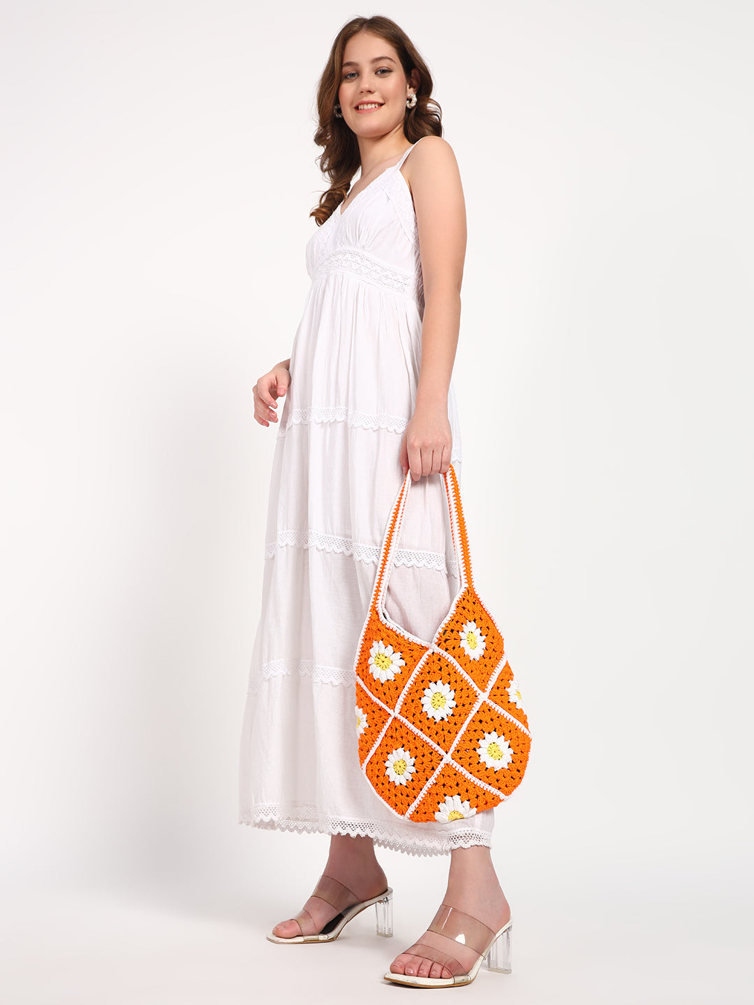 Johanna Handmade Crochet Bag - OrangeWhite