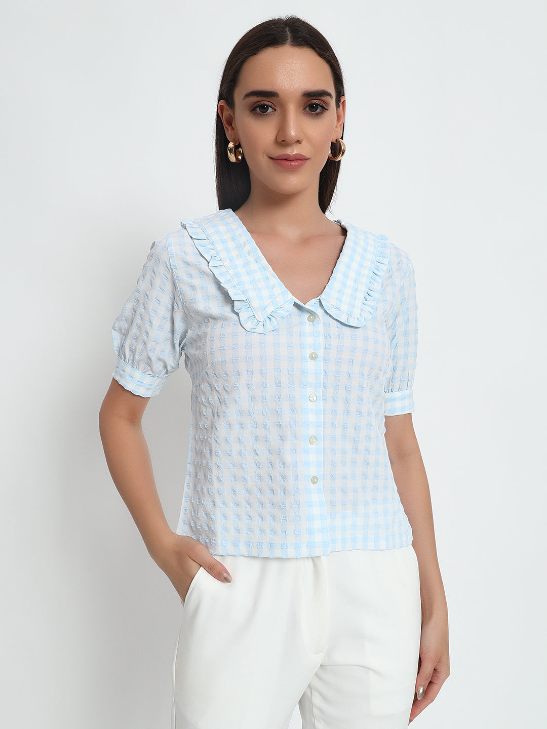 Blue Ghingham Collar Top