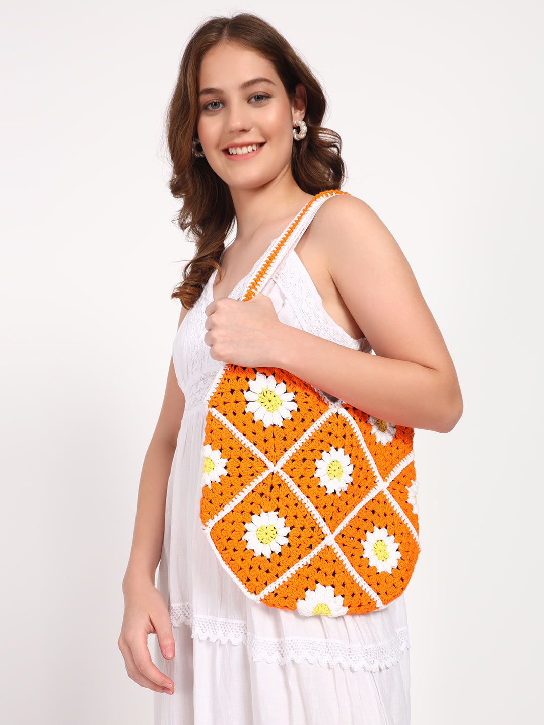 Johanna Handmade Crochet Bag - OrangeWhite