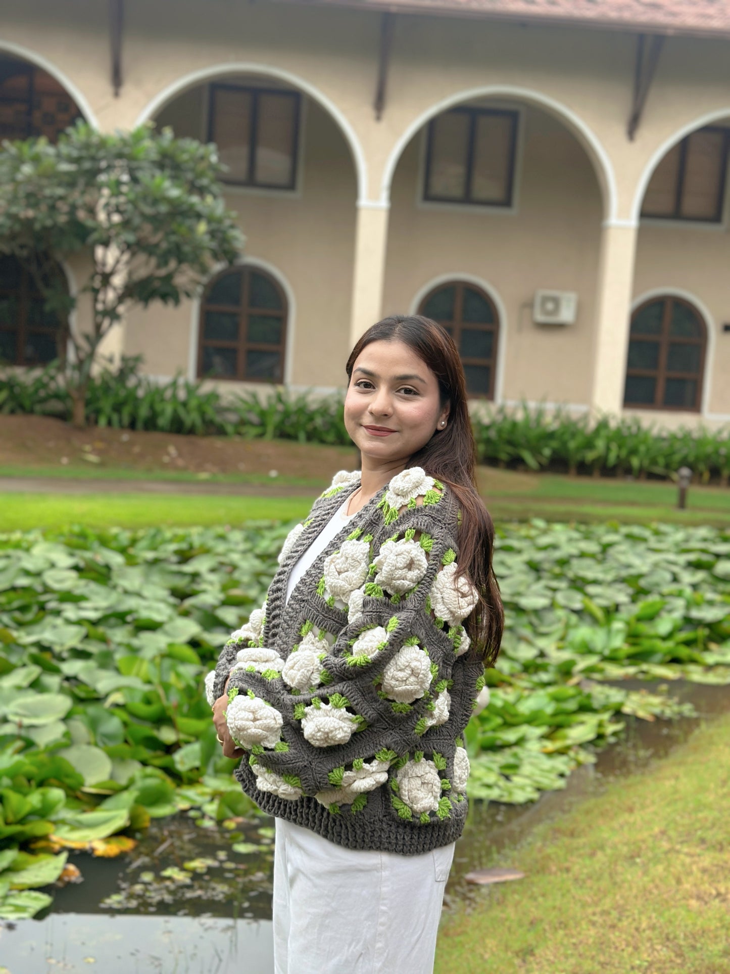 Gray Multirose Handmade Cardigan