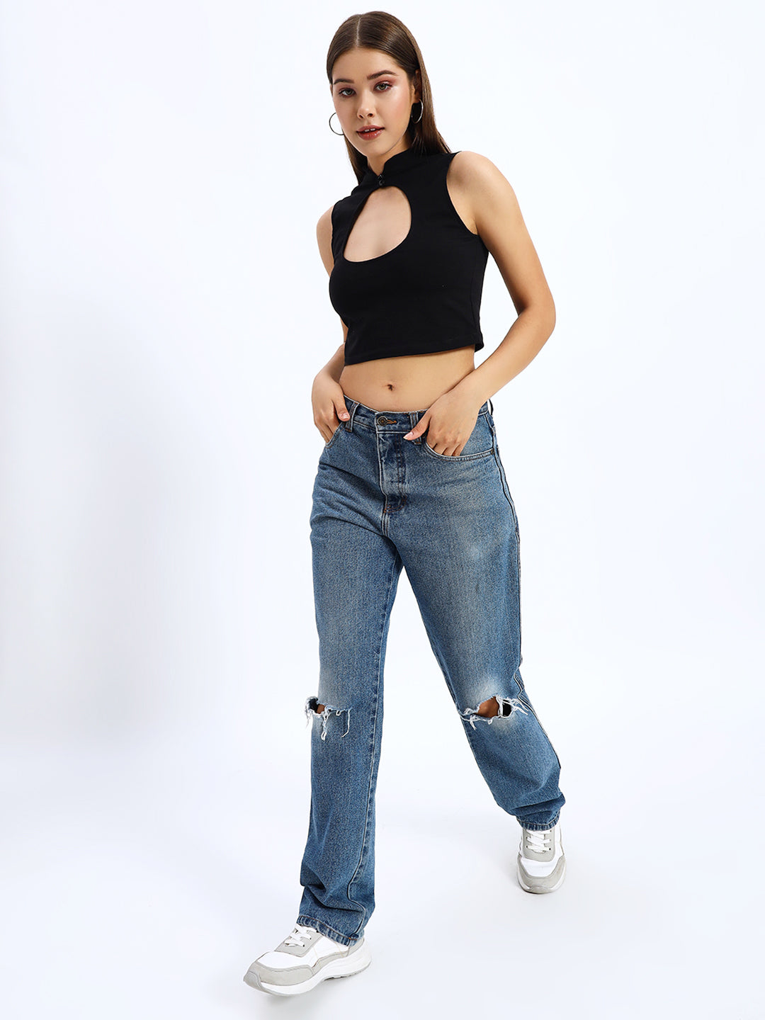 Sleeveless High Neck Cut-out Detail Crop Top