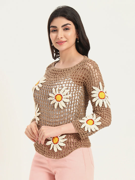 Daisy Drape F-Mesh Handmade Top - Brown