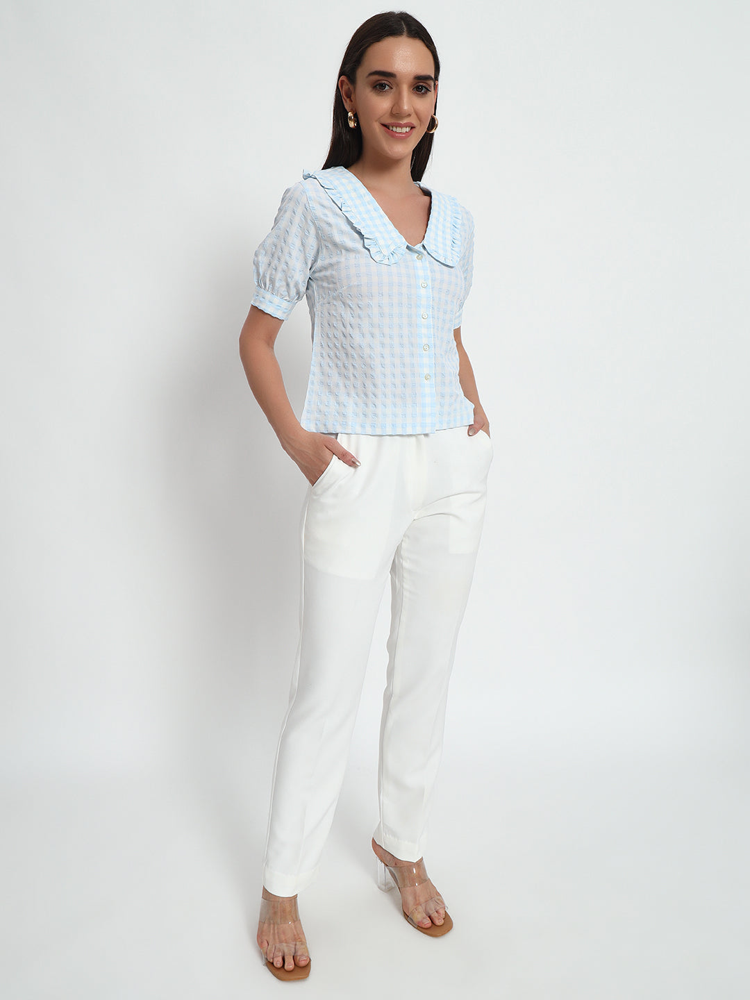 Blue Ghingham Collar Top