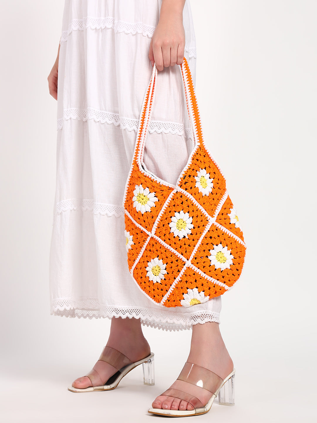 Johanna Handmade Crochet Bag - OrangeWhite