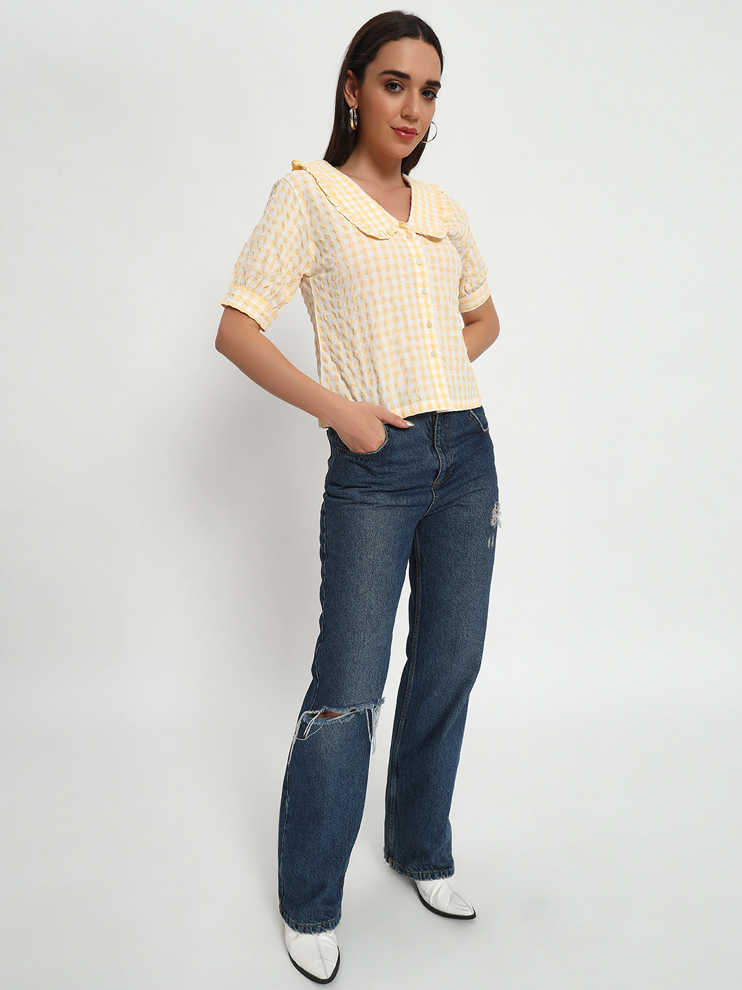 Butter Yellow Ghingham Collar Top