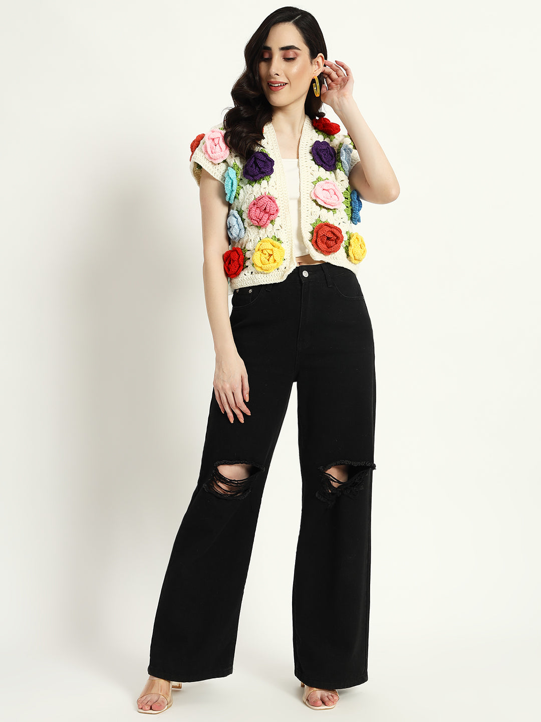 Multi Rose Half Sleeves Sweater