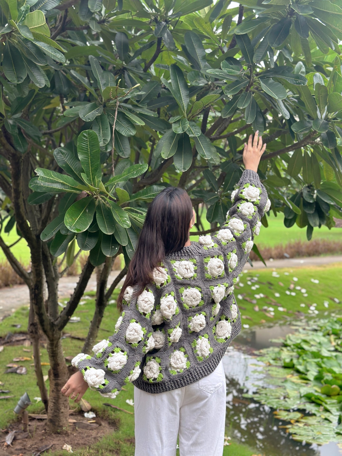 Gray Multirose Handmade Cardigan