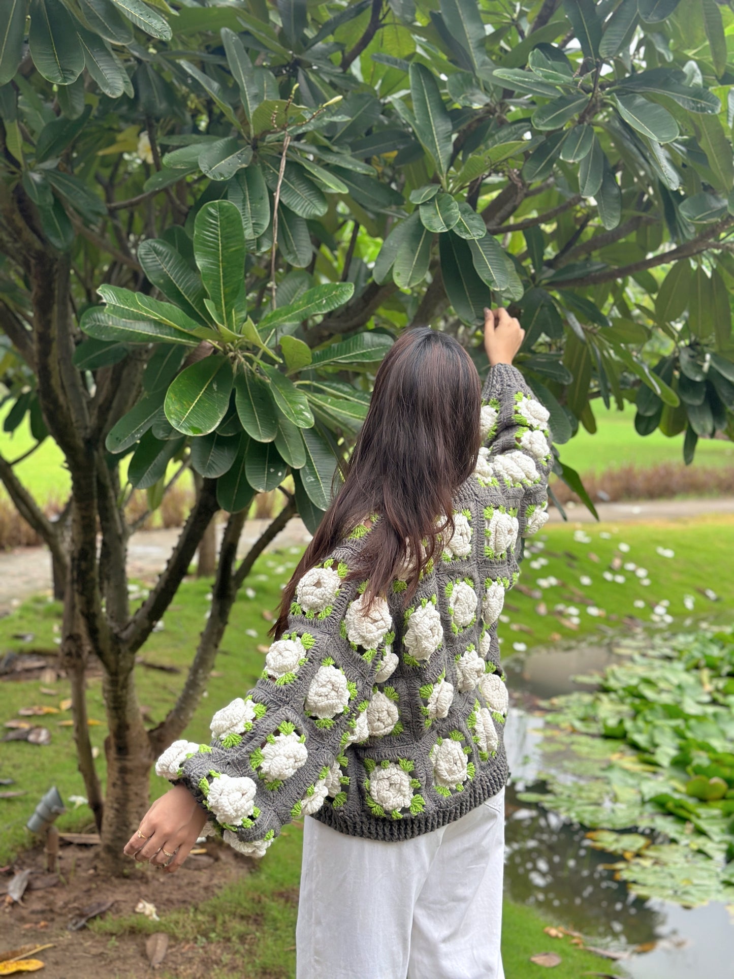 Gray Multirose Handmade Cardigan