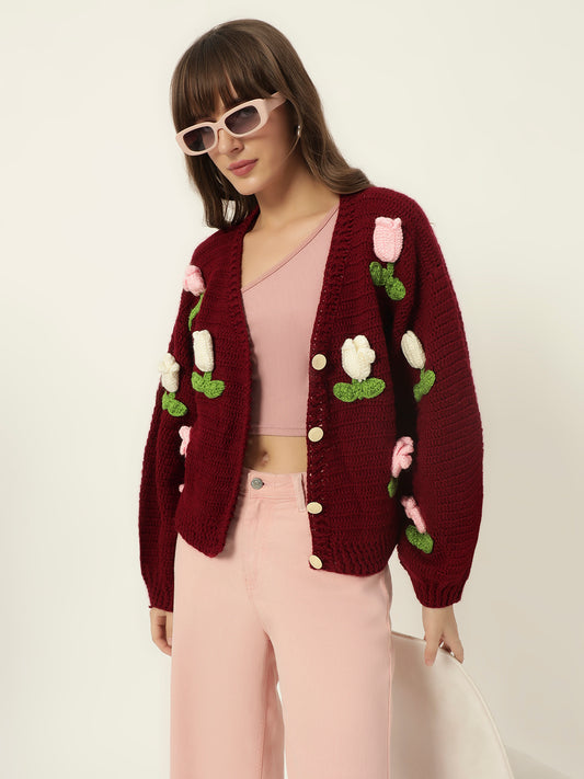 Dutch Flower Cardigan - Maroon