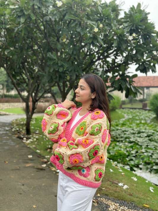 Blossom Patch Handmade Cardigan - Pink Green