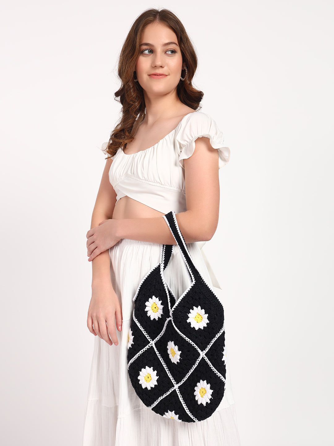 Black Daisy Crochet Handmade Bag