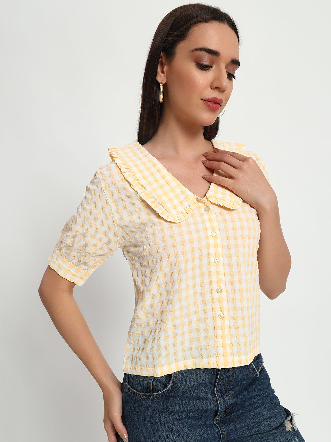 Butter Yellow Ghingham Collar Top