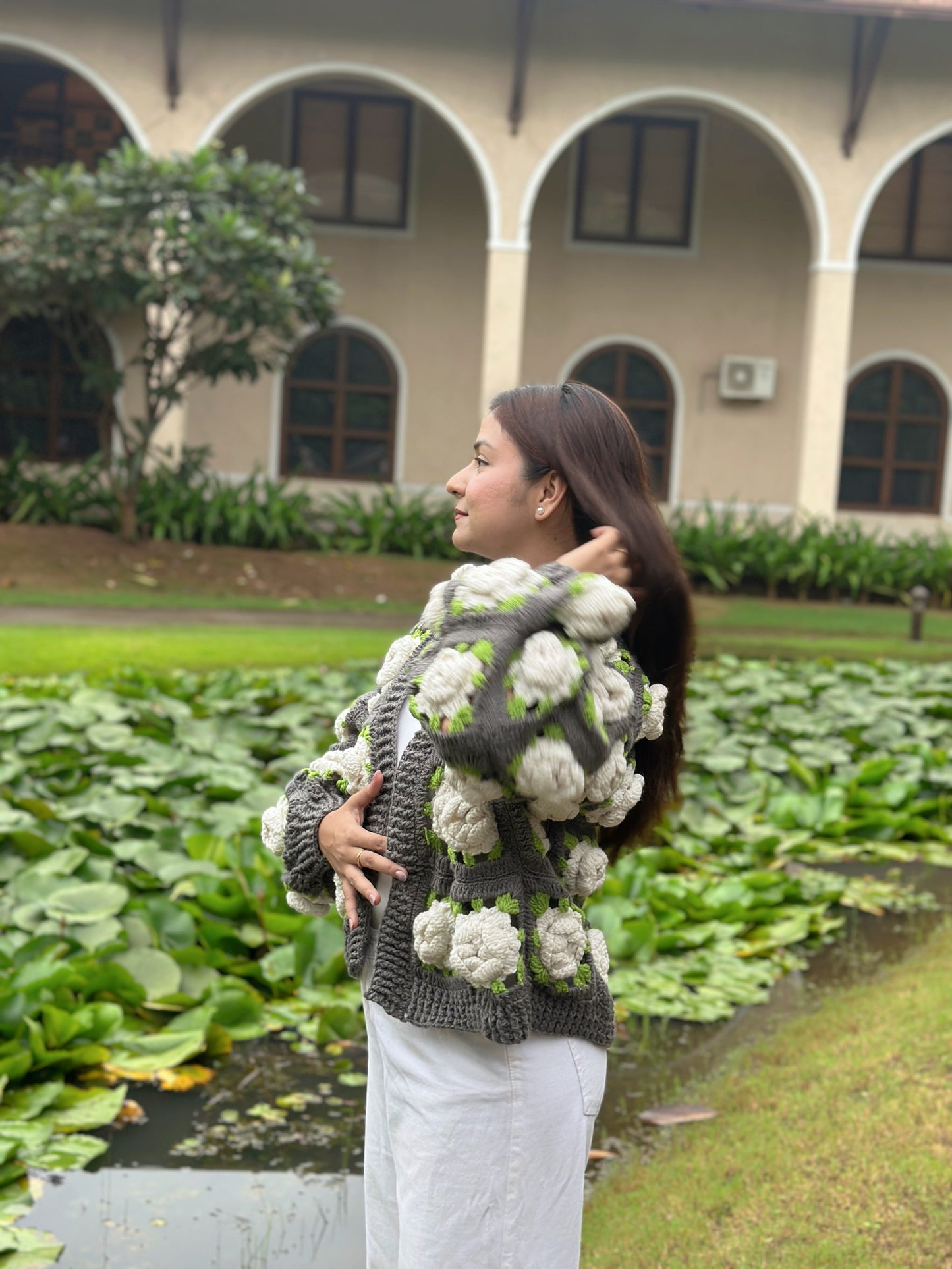 Gray Multirose Handmade Cardigan