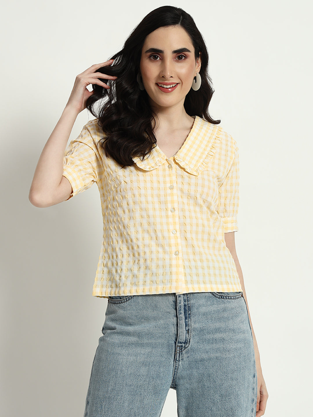 Butter Yellow Ghingham Collar Top