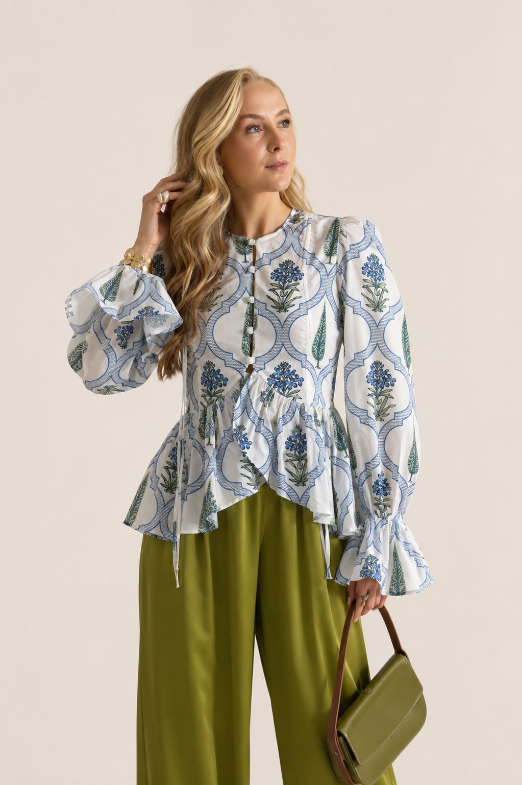 Women's Blue Floral Printed Cotton Peplum Top