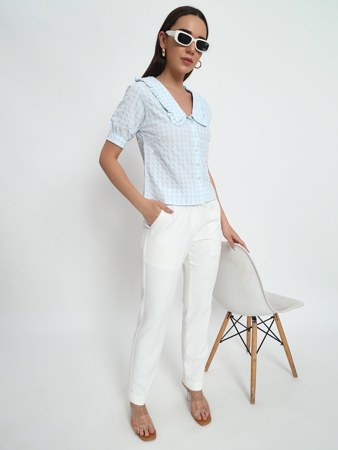 Blue Ghingham Collar Top