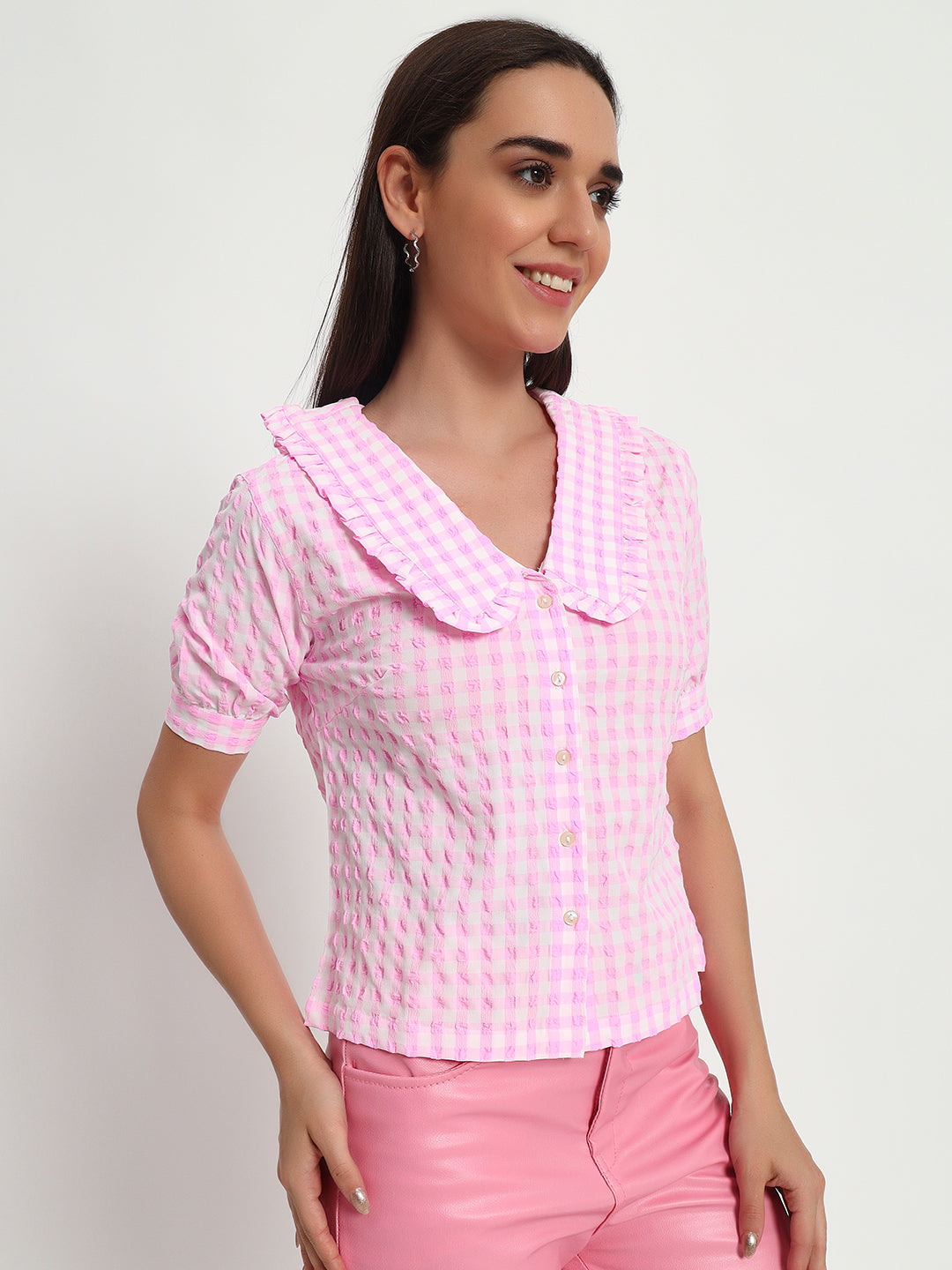 Pink Ghingham Collar Top