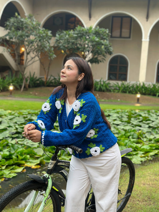 Aria Flower Handmade Cardigan - Blue