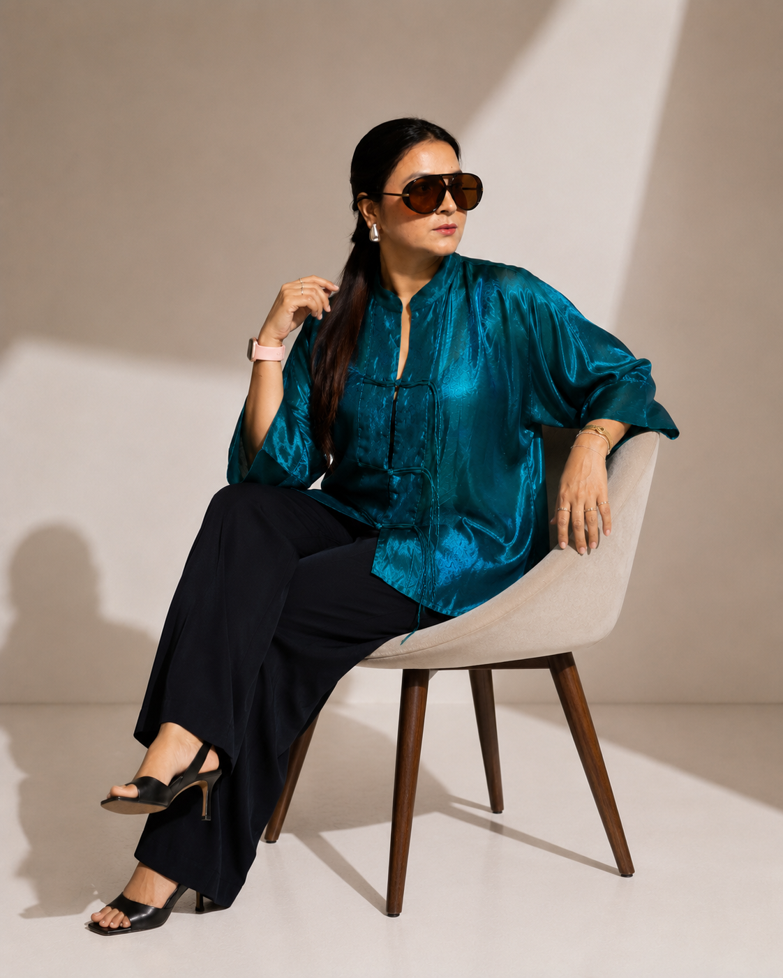 Teal Satin Mandarin Collar Tie-Front Blouse