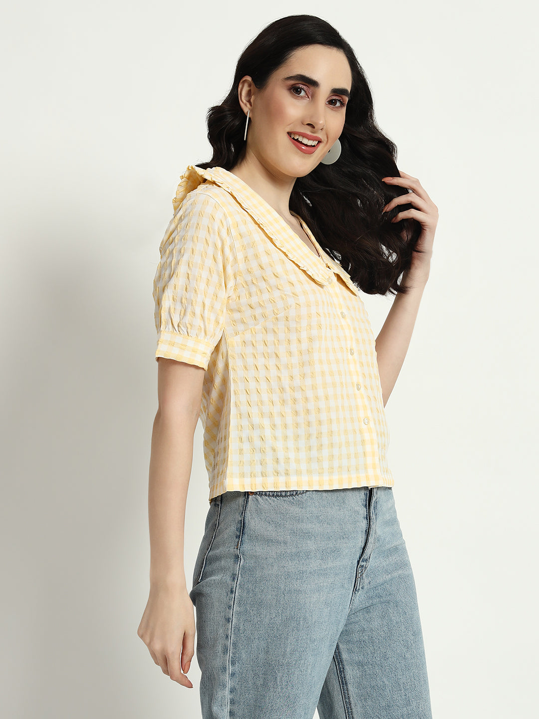 Butter Yellow Ghingham Collar Top