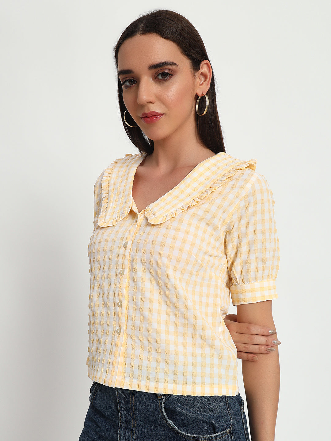 Butter Yellow Ghingham Collar Top