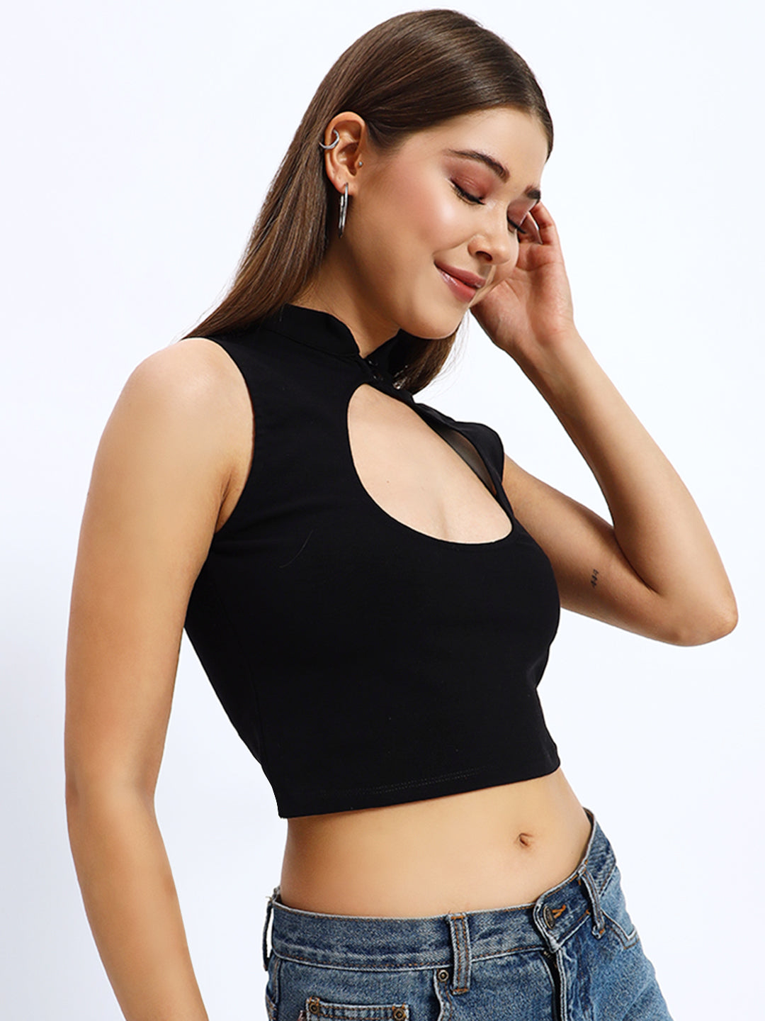 Sleeveless High Neck Cut-out Detail Crop Top
