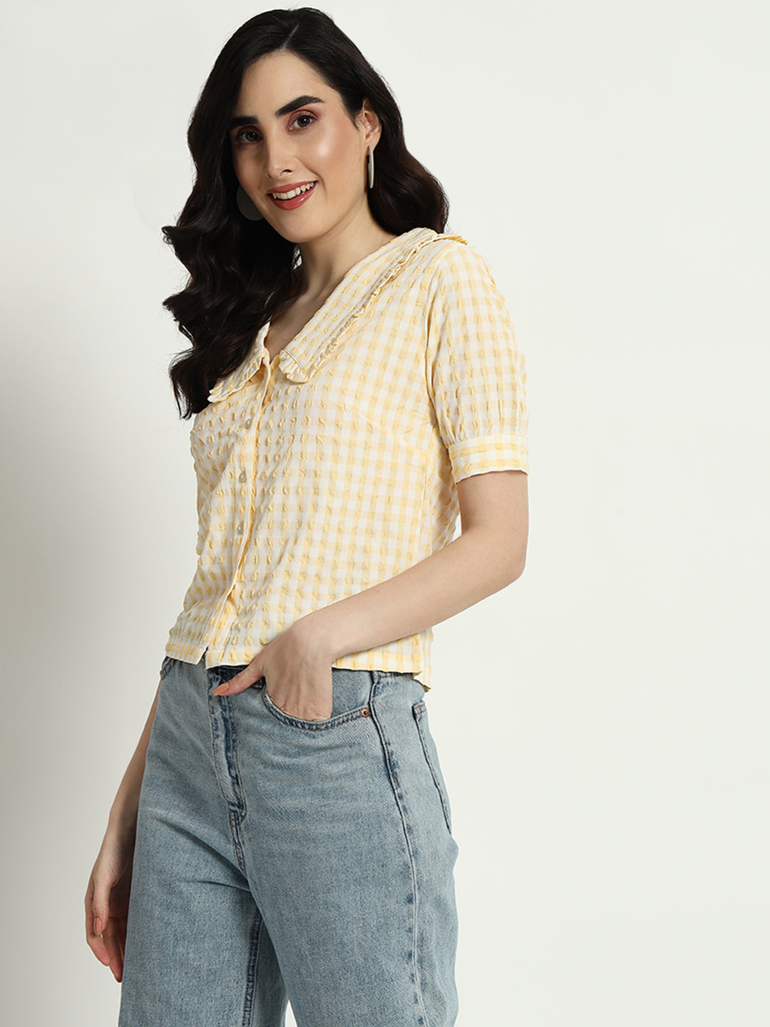 Butter Yellow Ghingham Collar Top