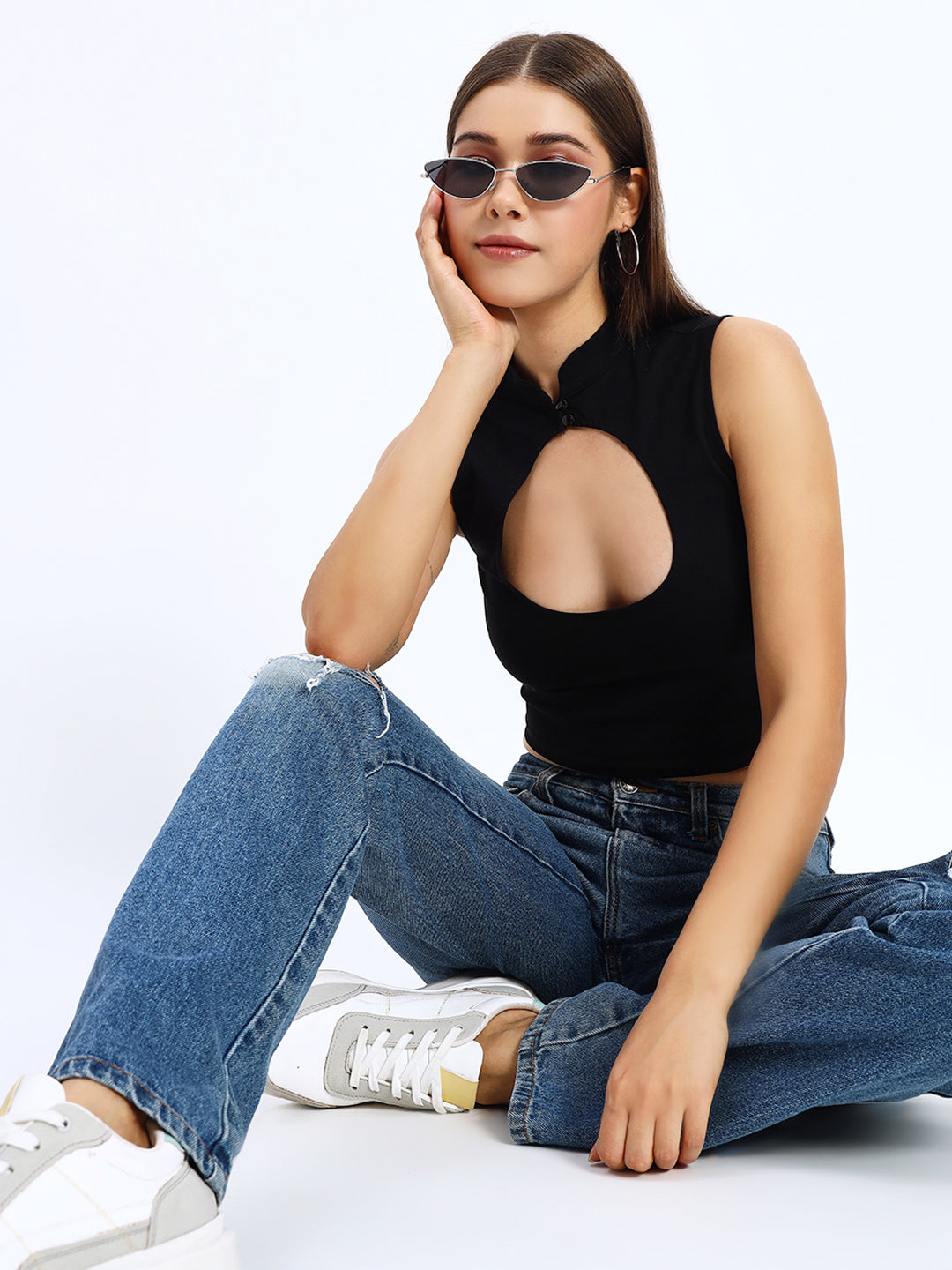 Sleeveless High Neck Cut-out Detail Crop Top