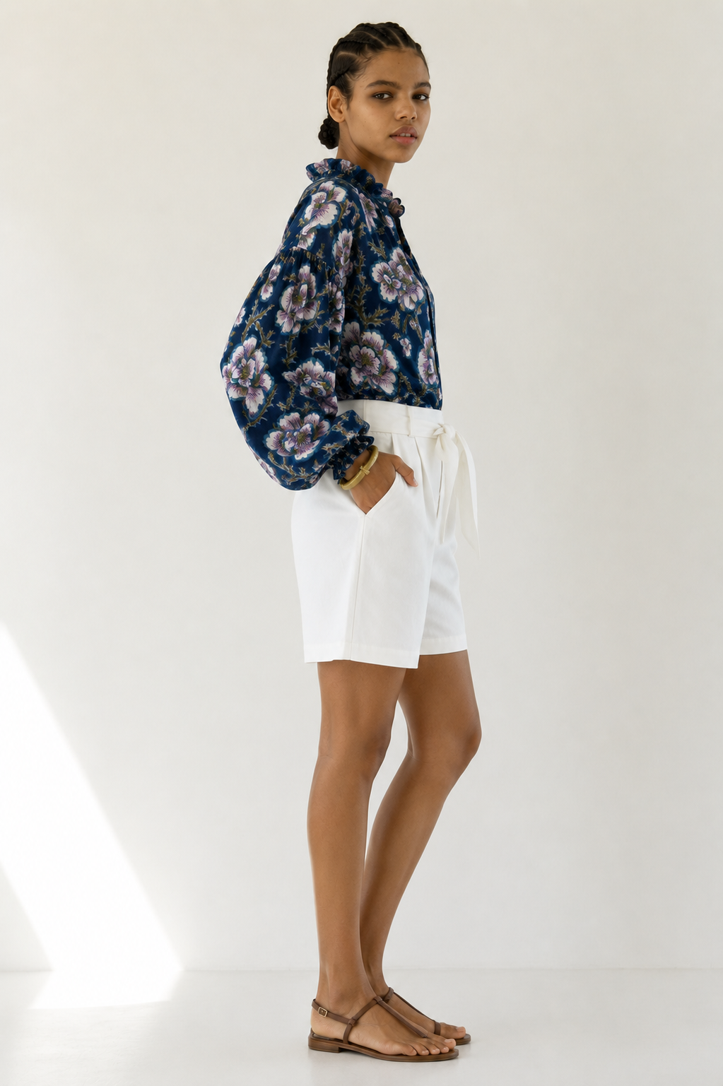 Women's Navy Blue Floral Printed Balloon Sleeve Button-Down Casual Shirt