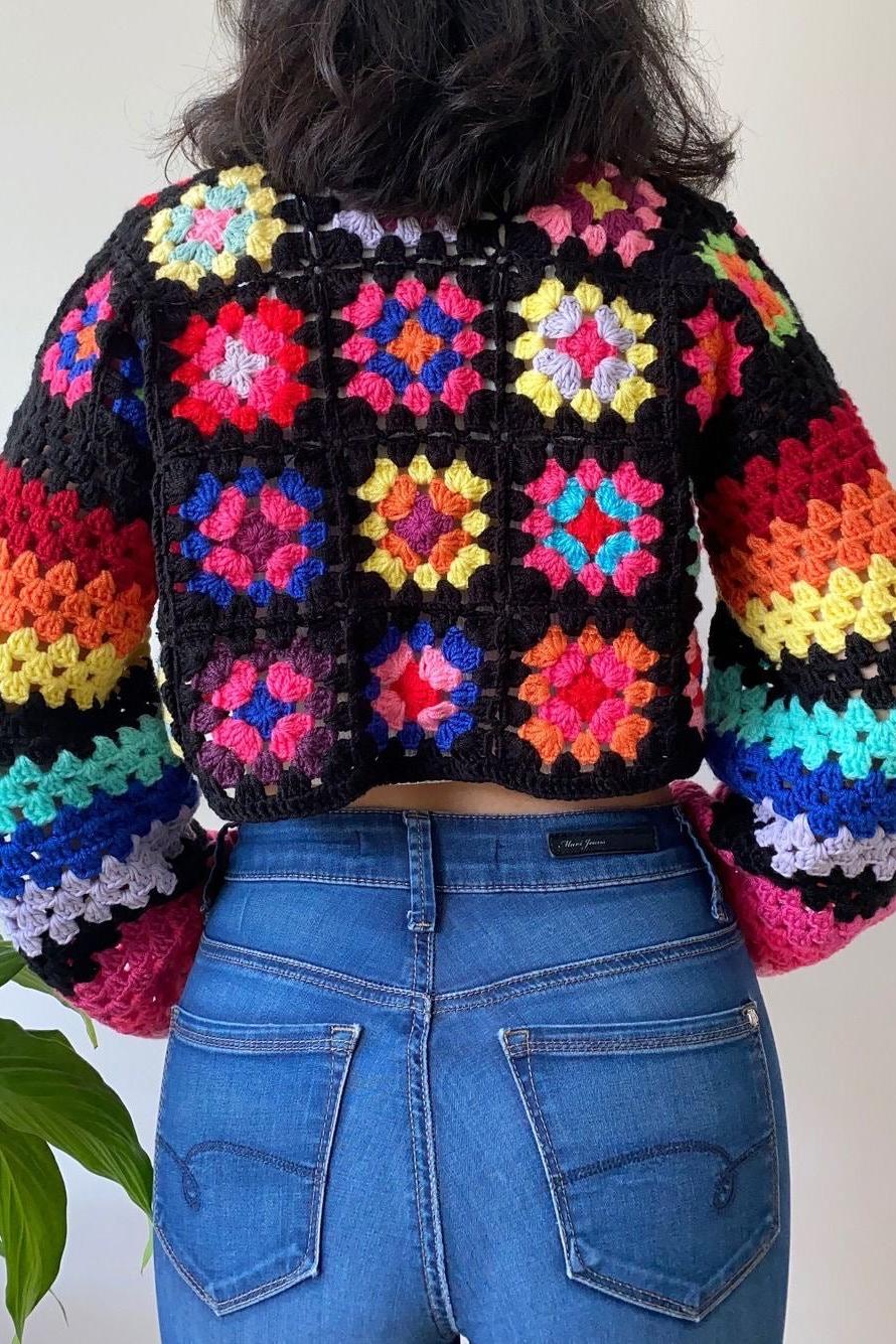 Multicoloured granny square crochet cardigan - SUGERCANDY