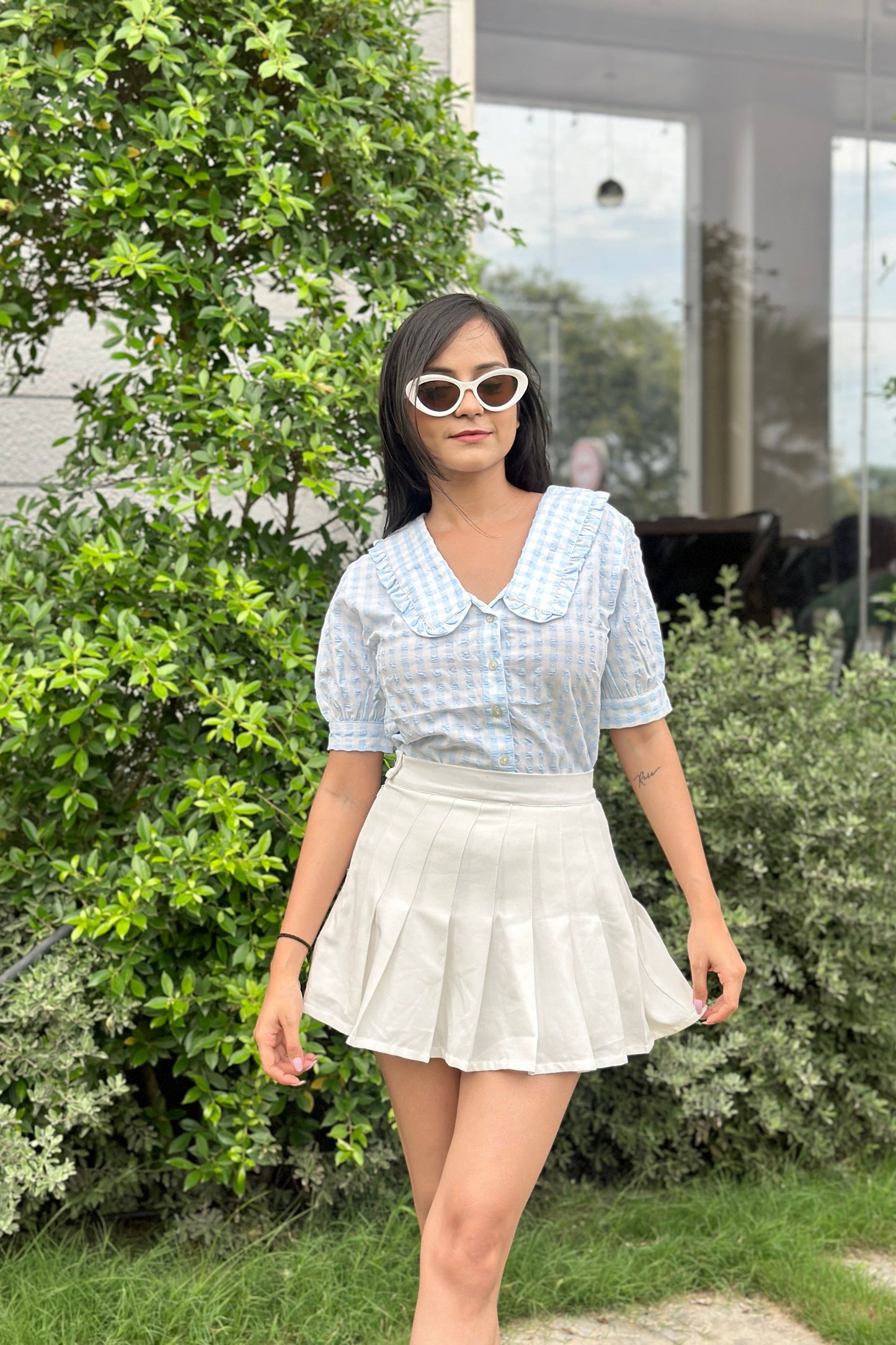 Blue Gingham Collar Top