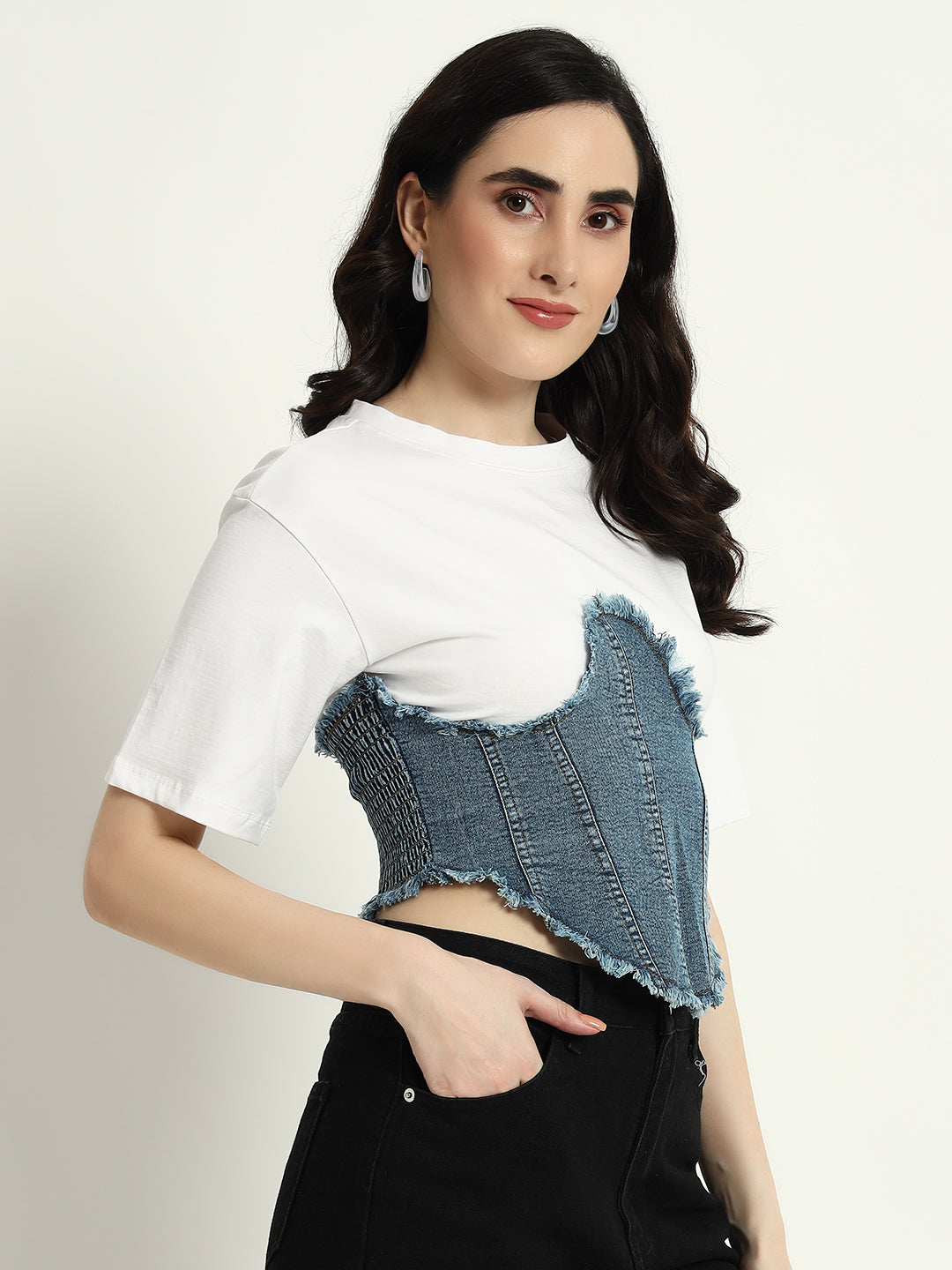 Denim Corset Attached Top - White