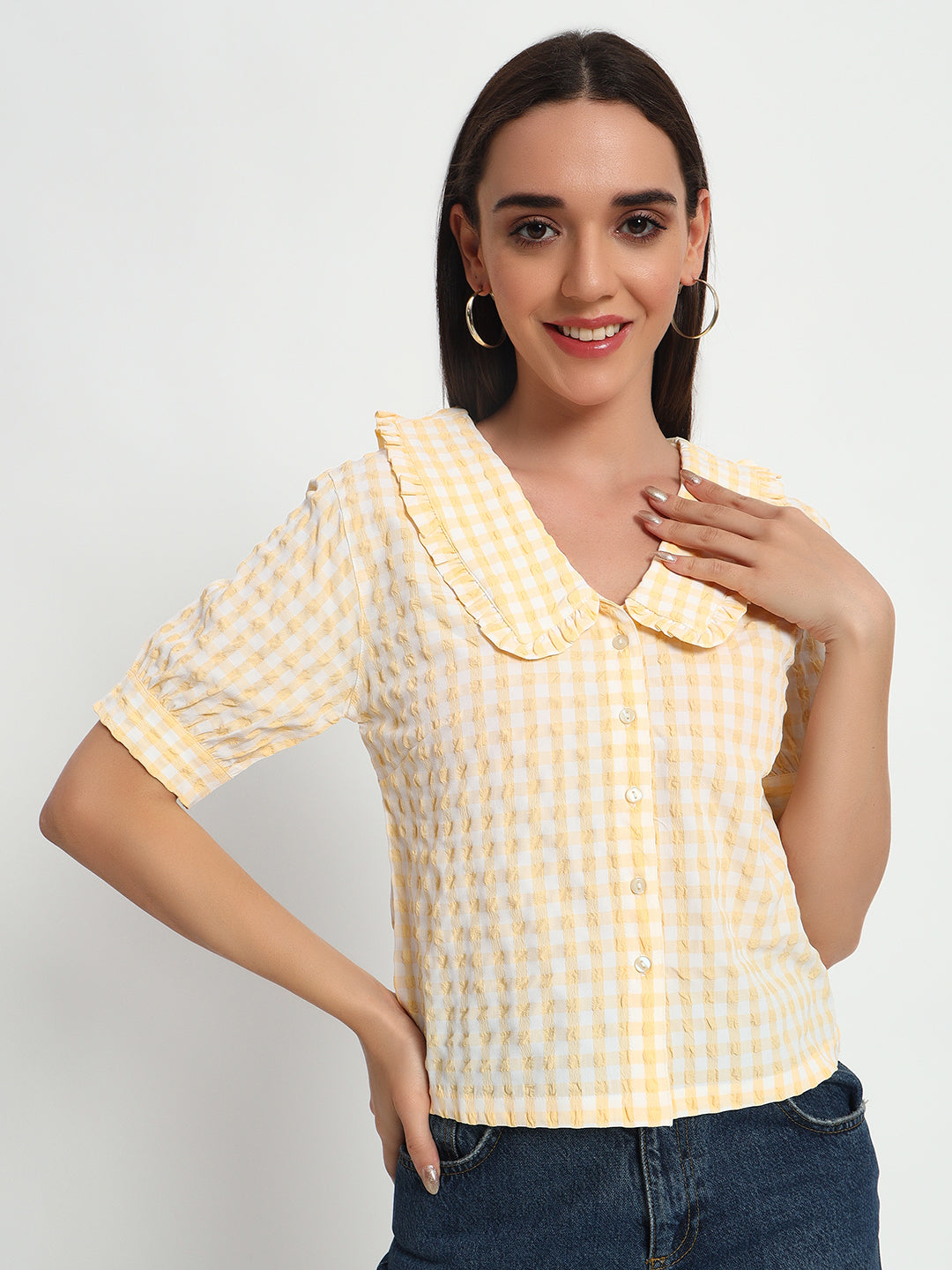 Butter Yellow Gingham Collar Top