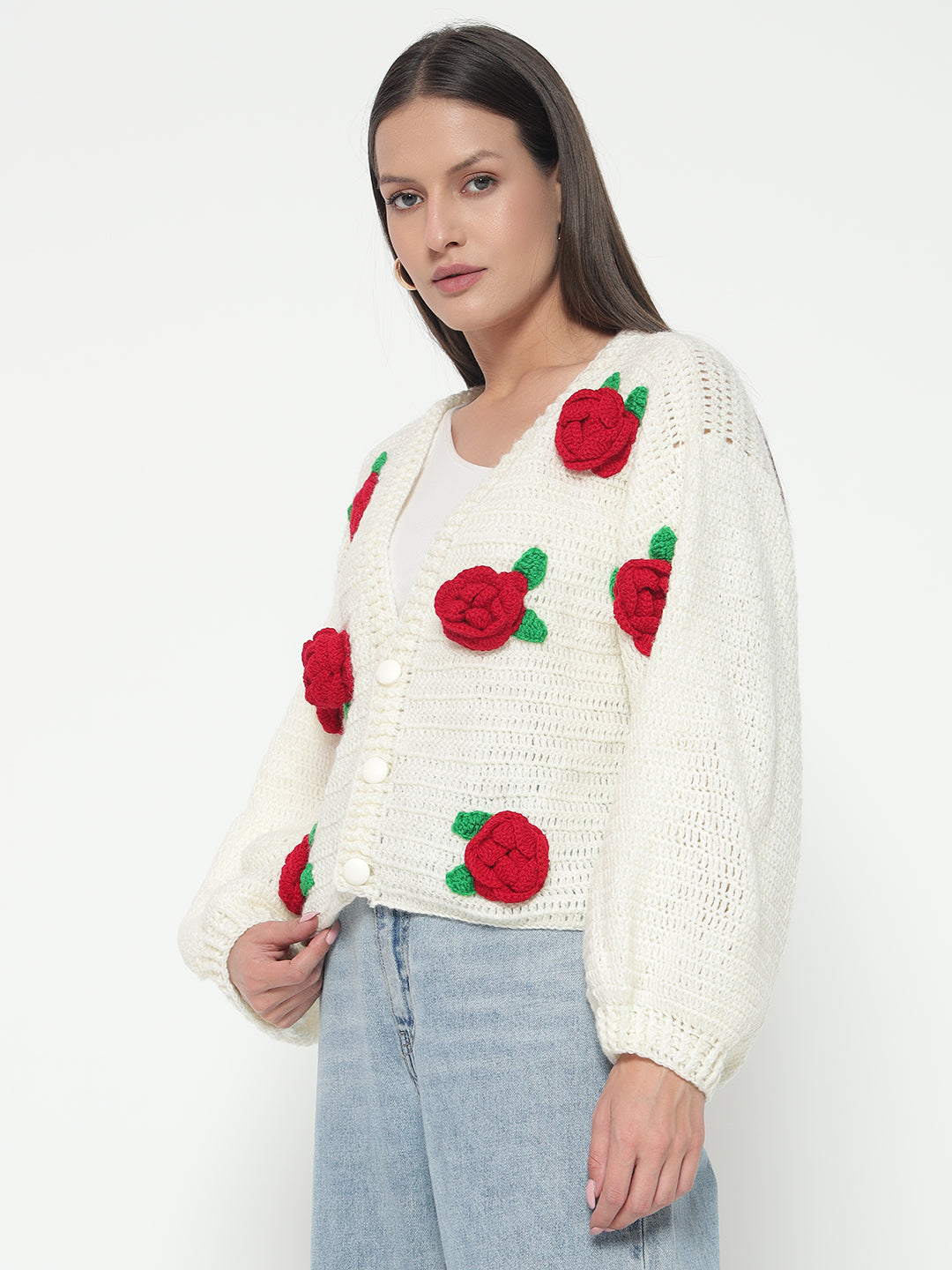 Red Rose Cream Cardigan