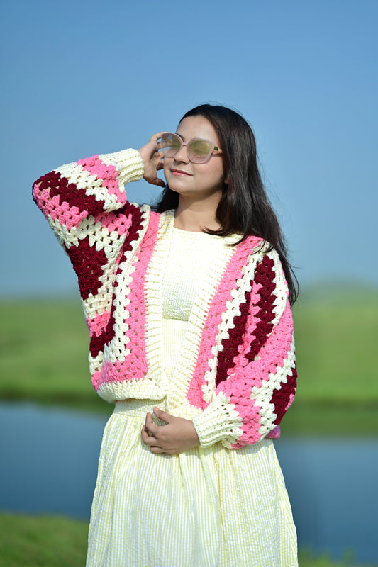 Cozy Pearl Cardigan - Pink Maroon