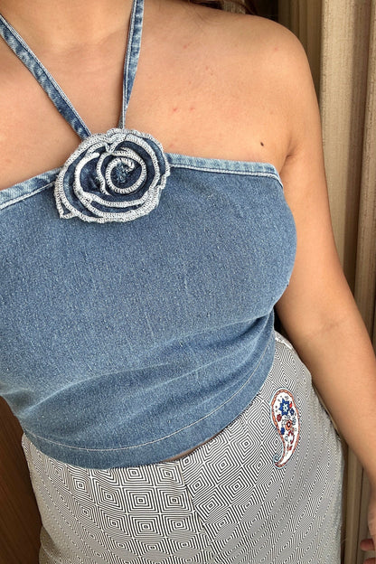 Denim Rose Bow Halter Top