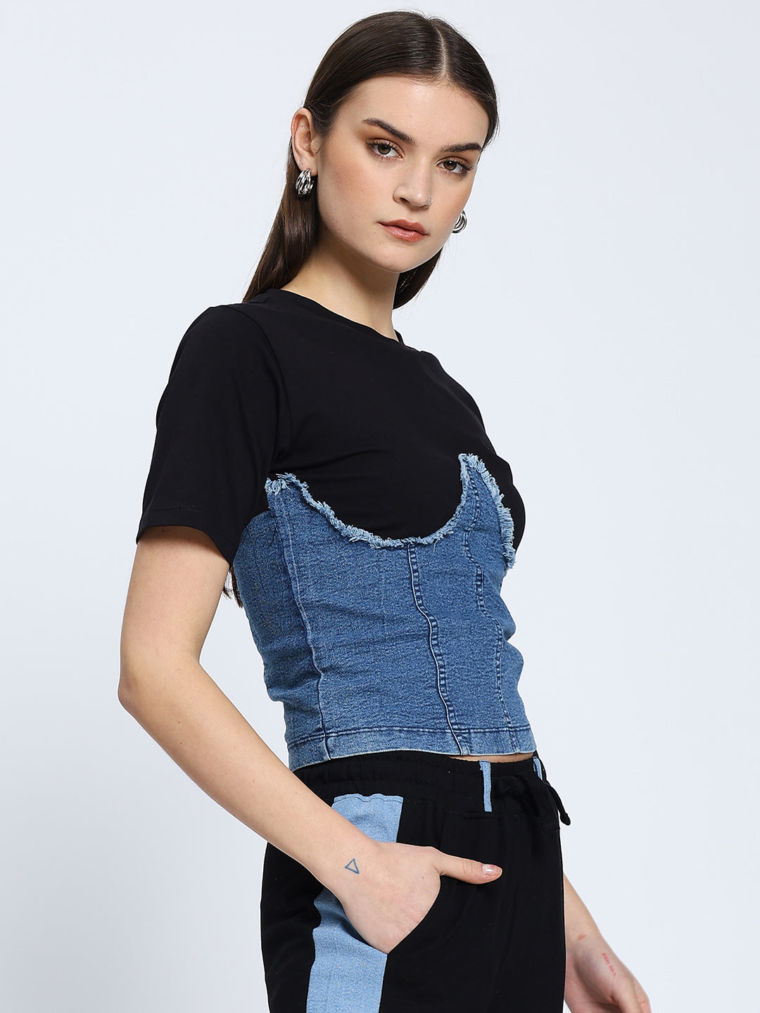 Denim Corset Attached Top - Black