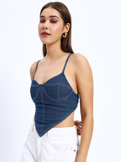 V-Neck Navy Blue Denim Corset Top