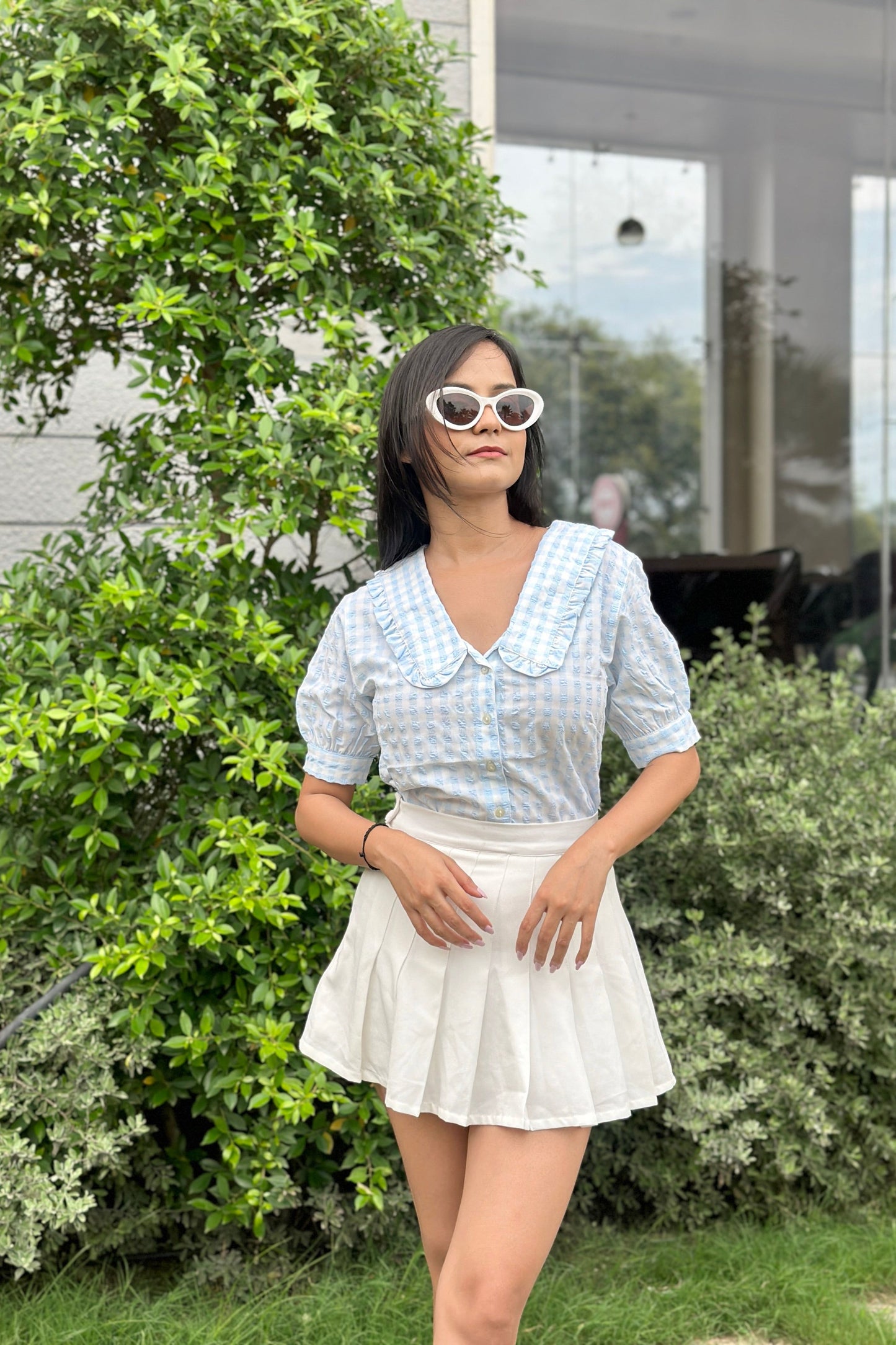 Blue Gingham Collar Top