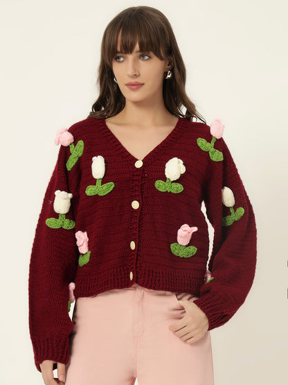 Dutch Flower Cardigan - Maroon