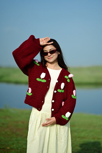 Dutch Flower Cardigan - Maroon