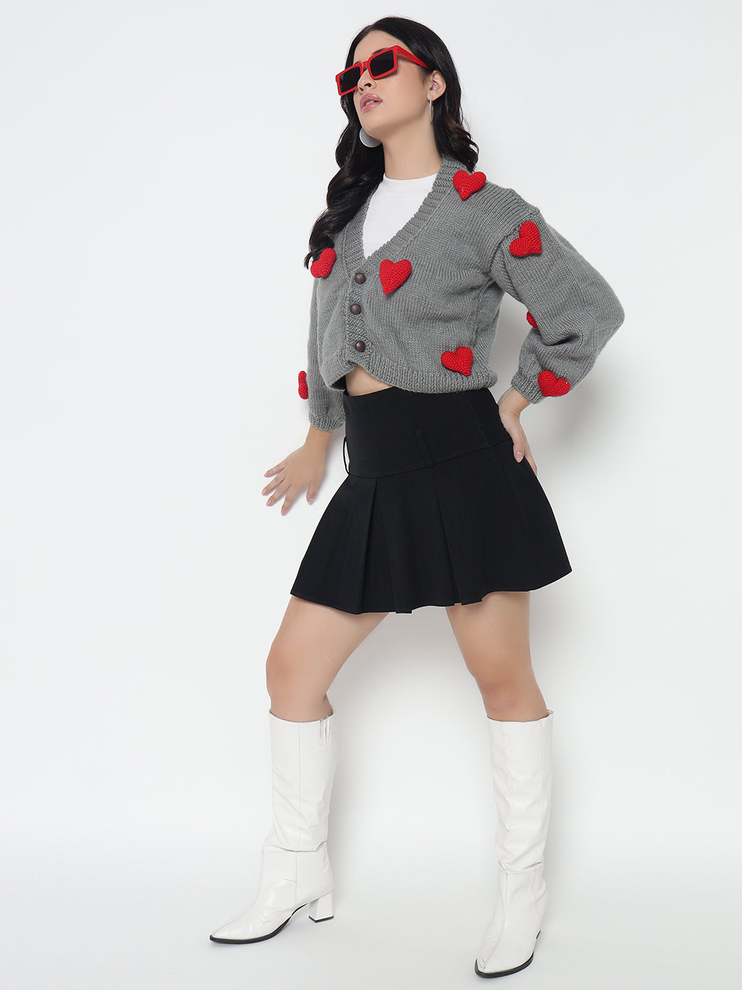 Cupid Heart Cardigan - Red Grey