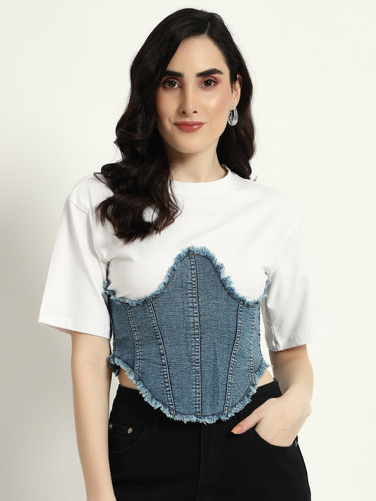 Denim Corset Attached Top - White