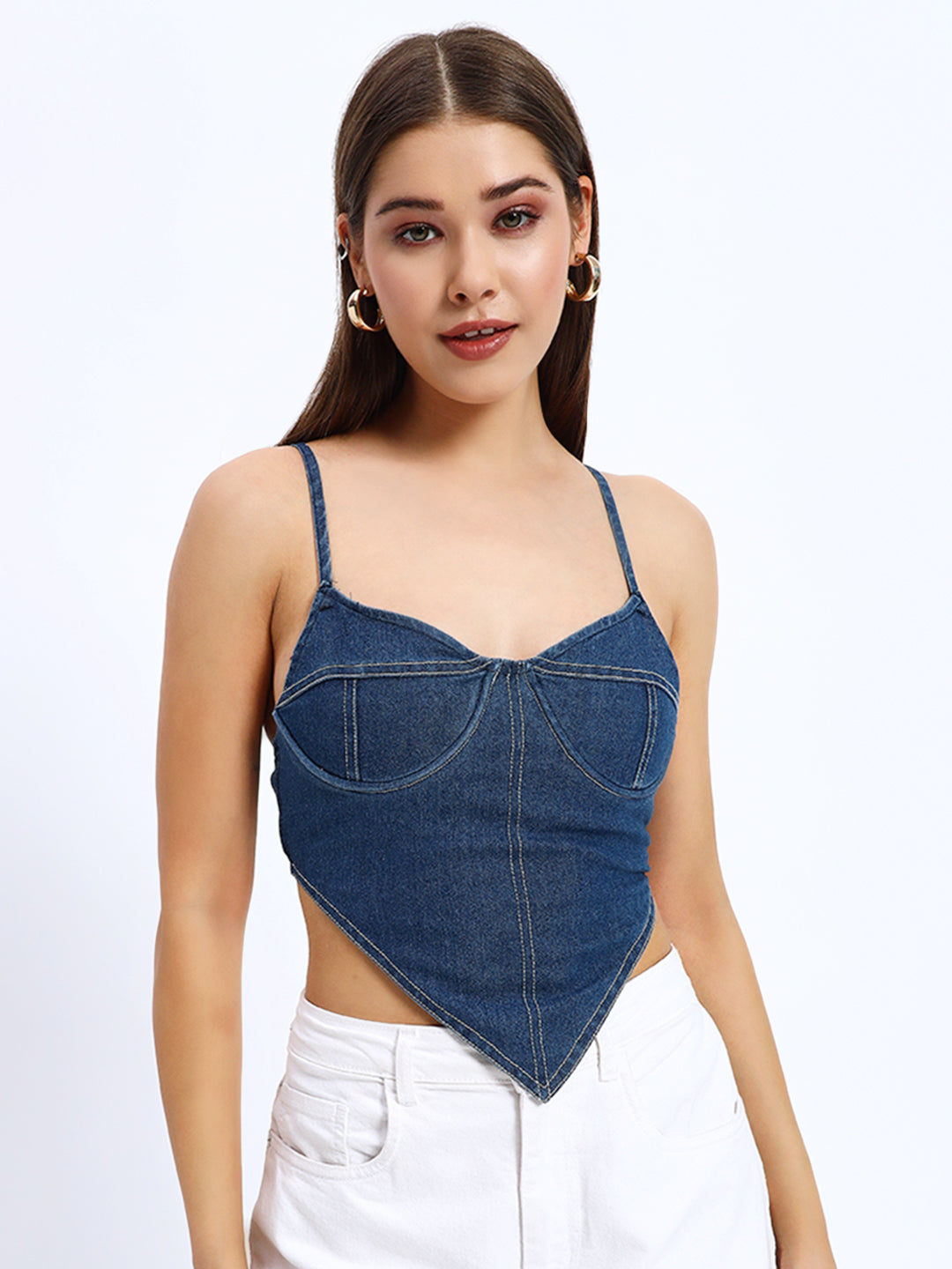 V-Neck Navy Blue Denim Corset Top