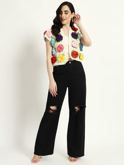 Multi Rose Half Sleeves Sweater